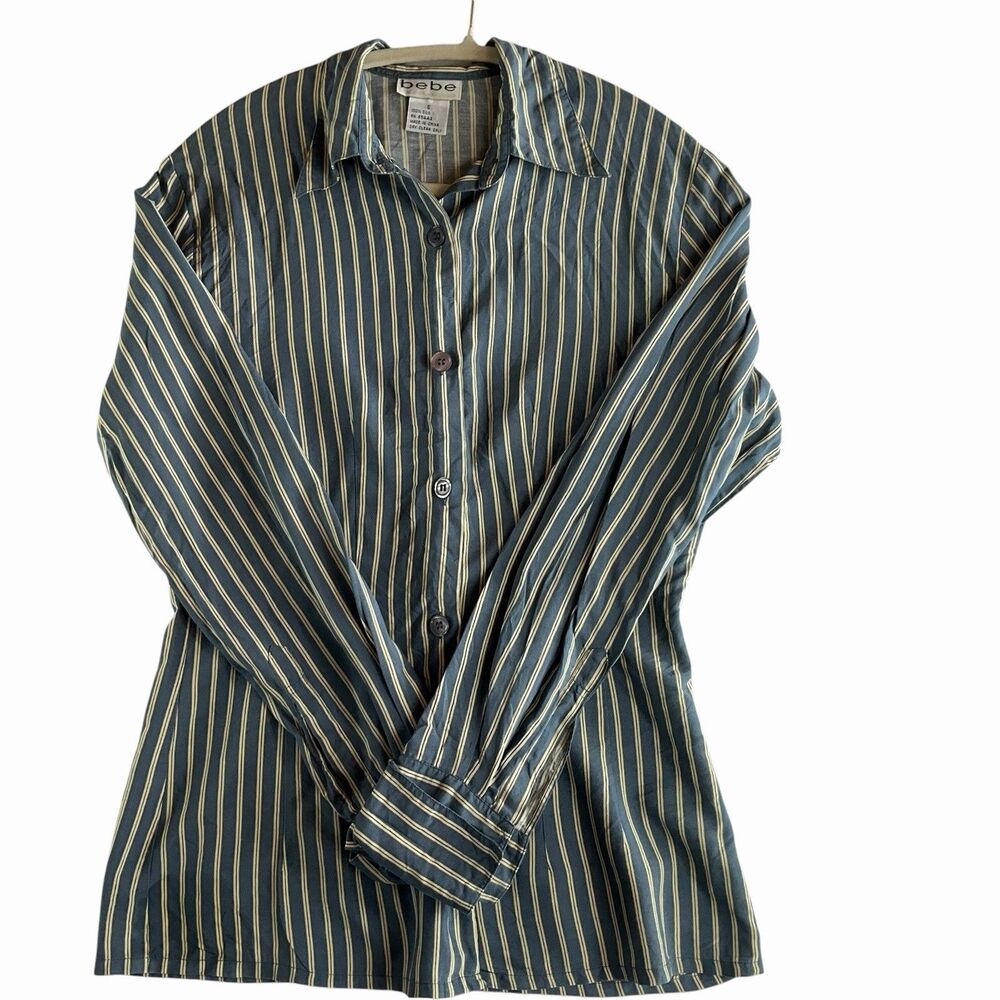 VTG bebe Silk Striped Button Down Shirt Y2K Office Siren Blouse Womens
